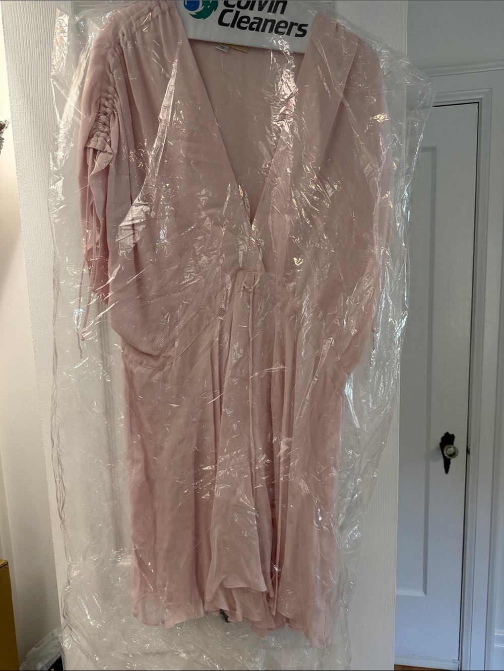 Blush Pink V-Neck Mini Dress with Gathered Waist 100% silk